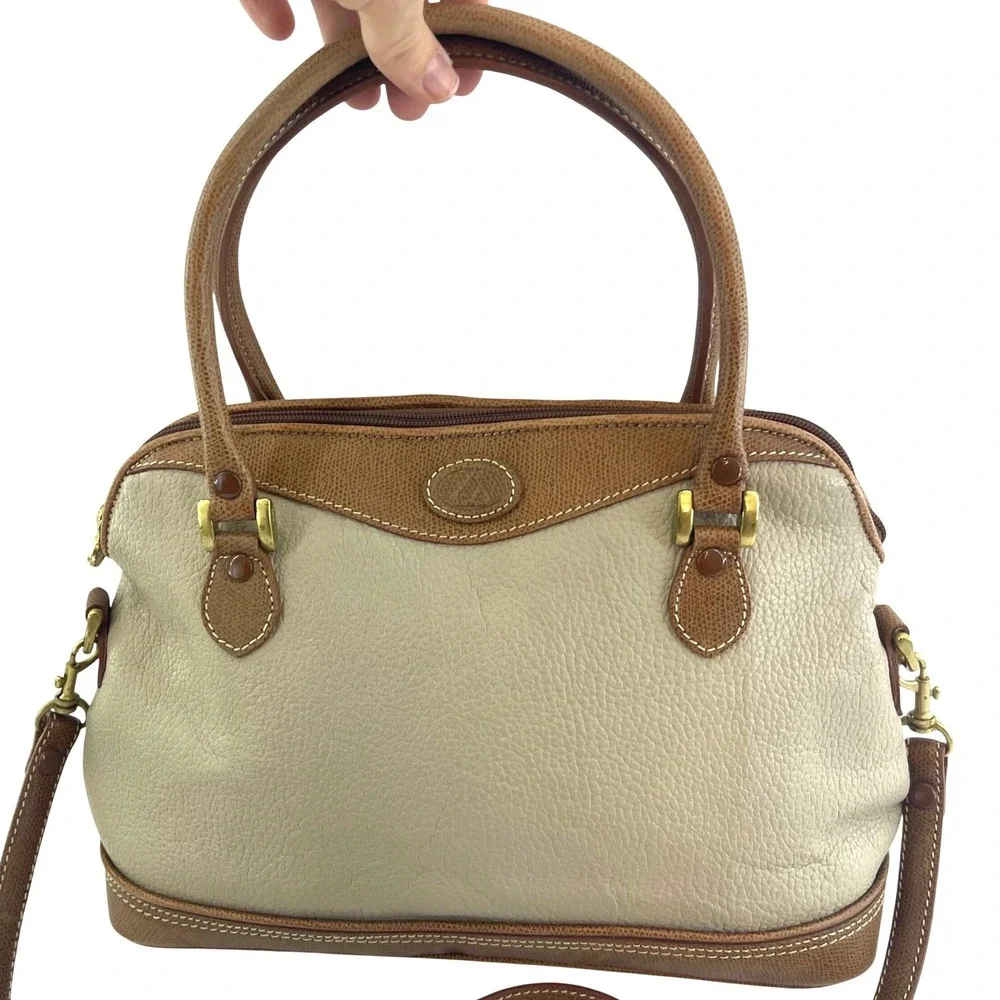 Vintage Liz Claiborne Crossbody Satchel Bag Medium Beige Tan Leather 90s Minimal